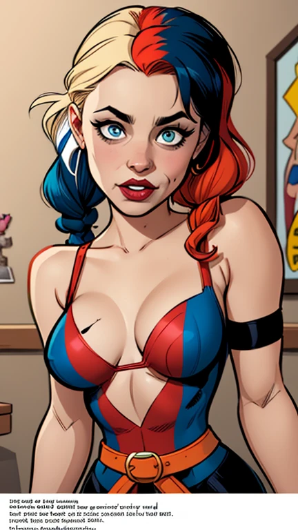Compensation! Here is the revised and cleaner text:
--- Character: Battle-scarred Harley Quinn.
Description: Cartoon image of a woman. cartoon style illustration, with highly detailed character design. detailed digital art, showing courage and high quality portrait.
characteristics:
- Portrait character design - Beautiful digital illustration - Comic art - Young girl with braided hair - Beautiful lined eyes - Medium-large bust and wonderful sexy clothes - Expression of sexual desire from waist to head ---