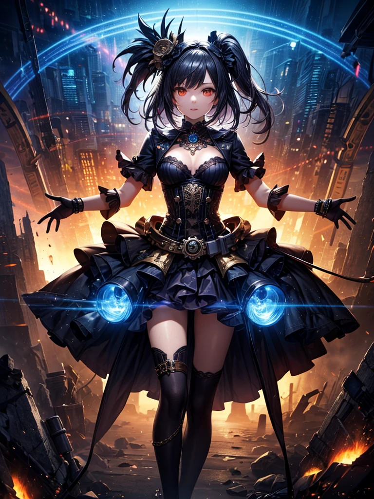 (Best image quality, 4K, 8K, High resolution, masterpiece: 1.2), Super detailed, Realistic: 1.37, Full metal body, The circuit lights up、 Glowing Eyes,  (rainbow, rainbow around the skull), full of energy, The circular configuration、Shows the effects of various structural forces, alone, (Steampunk decorative elements, Equipment, Other elements). Pointer, Great decoration combination,