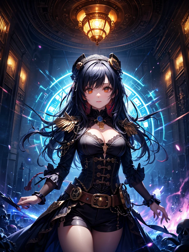 (Best image quality, 4K, 8K, High resolution, masterpiece: 1.2), Super detailed, Realistic: 1.37, Full metal body, The circuit lights up、 Glowing Eyes, (rainbow, rainbow around the skull), full of energy, The circular configuration、Shows the effects of various structural forces, alone, (Steampunk decorative elements, Equipment, Other elements). Pointer, Great decoration combination,