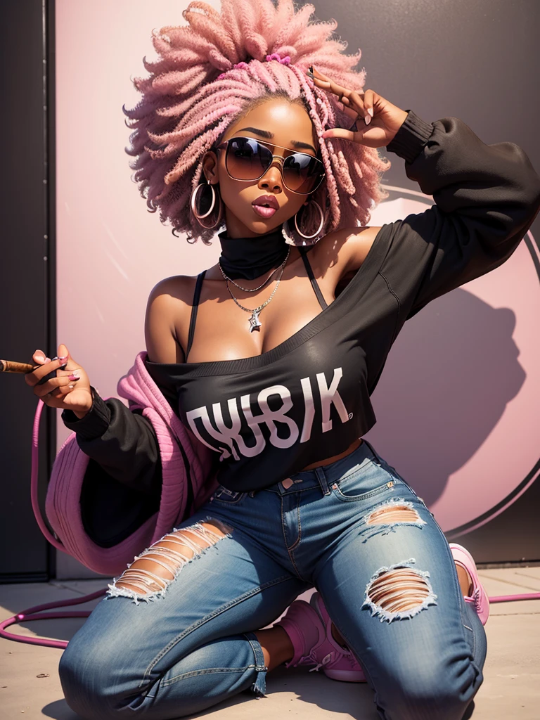 Black background airbrush muted palette A plus Afro American woman brown skin tone, black faux locs long nails black background text that says “Vibing to my Own beat” in bold large letters on the wall
brown expressive eyes pink square encrusted sunglasses flawless makeup off the shoulder pink sweater denim jeans pink sneakers 64k HD 6000 dpi kneeling on one knee musical notes smoking a cigar