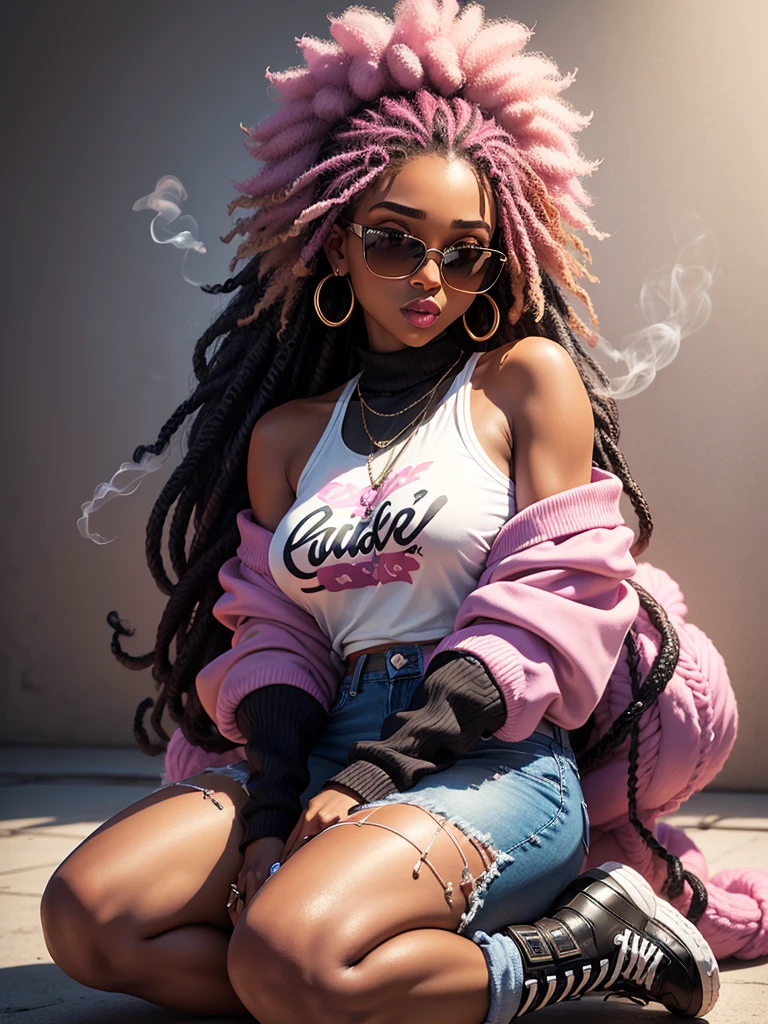 Black background airbrush muted palette A plus Afro American woman brown skin tone, black faux locs long nails black background text that says “Vibing to my Own beat” in bold large letters on the wall
brown expressive eyes pink square encrusted sunglasses flawless makeup off the shoulder pink sweater denim jeans pink sneakers 64k HD 6000 dpi kneeling on one knee musical notes smoking a cigar
