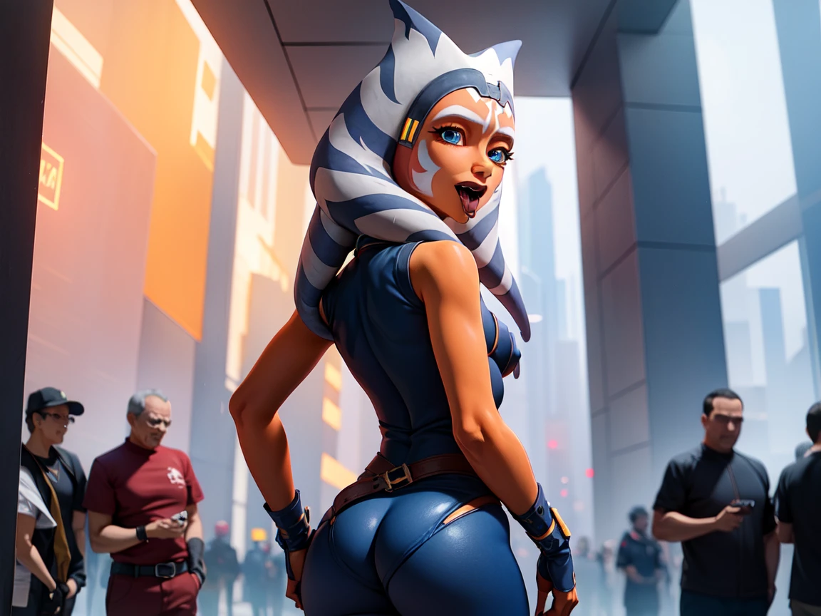 (masterpiece, best quality, ultra-detailed), AhsokaTano, (orange skin:1.2), sexy, young, , 13yed, blue eyes, makeup, small breasts, blue shirt, vambraces, fingerless gloves, hip armor, blue skirt, blue leggings, standing, from behind, looking at viewer, blush,  naughty face, :o, big ass, crowded city street