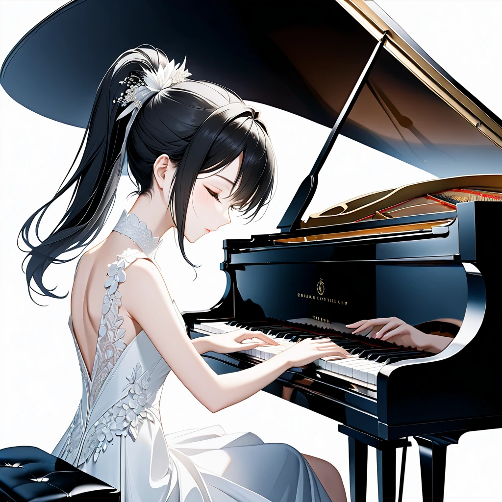 (((White background:1.5)))、(very wide shot)、(masterpiece、Ultra HD、Highest quality、Masterpiece、4K:1.2)、Slender body、Elegant pianist playing the piano、 Intricate details, Highly detailed fingers、Black hair ponytail、White elegant dress, Intricate details、(((close eyes:1.5)))