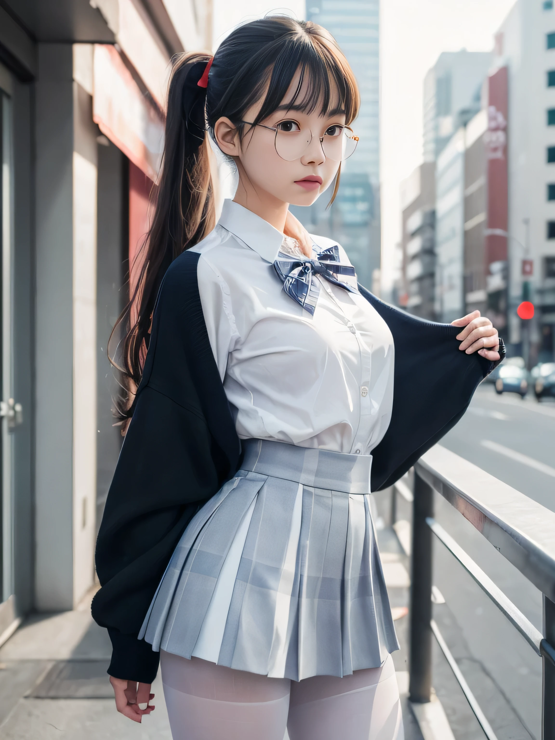 (long ponytail),(underwear is visible),(8k、photo and grossgraphy、premium、masterpiece:1.2),pigeon breast,glamour,White chrome leather,conceited,school,looking at the spectators,looking ahead,Muchimuchi,High tone clothing,erotic,students,White skin,knee,((black pantyhose)),absurderes,a small face,,visible front,Bangs hanging from the left and right sides of the forehead.,(A cold expression,tight eyes,glares,Bullish,angry)、masterpiece,premium、超High resolution,photo and gross,ren,Beautiful stool,One Person, Alone,glasses,,dark look,small breasts,body completo,round glasses,JK ,high school girl,a japanese lady,Is standing,(photorealistic:1.37)、Photon mapping,realist、beauty,Linda Carita,Brown Eyed、black socks、(red bow tie)、city radio、Physically based representation、Depth of fields、blurred background、a picture,body,piernas de beauty, long legs, thin leg,(The bangs are visible), Hair, lips, Blue_The eye, soft nose,(Light blue shirt), (Navy and White Plaid Pleated Skirt), her butt is visible ,pure clothing,, airtight, black cotton socks,Nogizaka Idol, , gone japanese, hands on each buttock , legs open looking at the camera over the shoulder