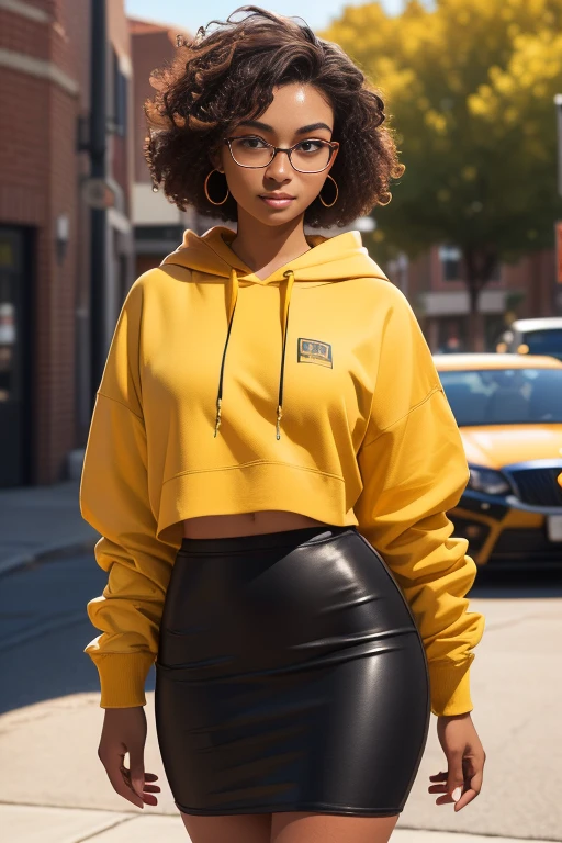 8k, best quality, highres, solo, deep ebony 1girl, beautiful face, {{ box braids / afro / braided hair / curly hair }}, black lips, a female character is wearing a yellow and black colored outfit with a backpack and a yellow hoodie jacket, dark black and yellow, sports leisure, green eyes, long hair, diamond earrings, cybernetically enhanced, medium breasts, she is standing in front of spaceships, satellites and moon rovers, starry night sky, pigeoncore, neo-dadaist, Asuka Langley, neon genesis EVA suit, mechanized precision, space crew member, she holds an important position, in crowd spectator at a tech conference in the style of mecha sci-fi anime