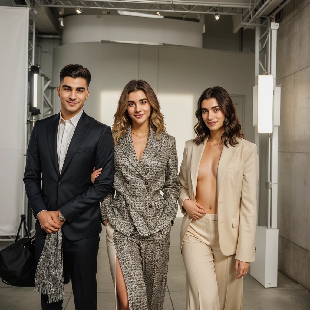 Turkish 25 year old man , short dark hair with fade, dark suit,confident expression,Sharp chin,vibrant skin,smiling,beautiful face,standing pose, and next to the man a blonde influencer with wavy hair, AI that is beautiful, cute and well dressed. Consider your style, her personality and the type of content she creates. How would she express herself through fashion and appearance to identify with her audience? What kind of clothing, colors and accessories would better reflect your personality and make you stand out?" city scenery,Professional studio lighting,realisitic,for Ferrari, photorealisitic:1.37,portraits,bright coloured,tom legal,soft lighting,oval cheese