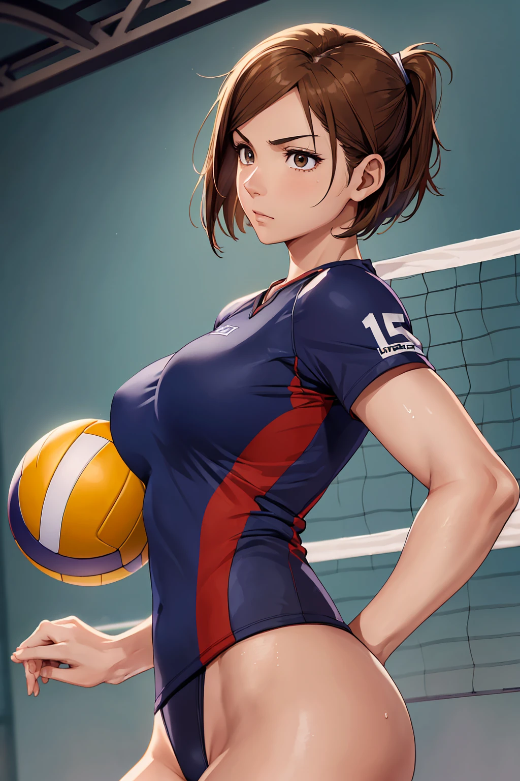 (Highest quality:1.5, High resolution, uhd, 4K, Detailed lighting, Shaders), ((Kugisaki Nobara)) ,solo short hair　Brown Hair　Brown eyes　Cool face　　((Volleyball Uniforms))++　Realistic gym　 Sweat　Super oily skin　　Preparing for exercise　No ball　No sleeve　Cowboy Shot　Beautiful ass　Side angle