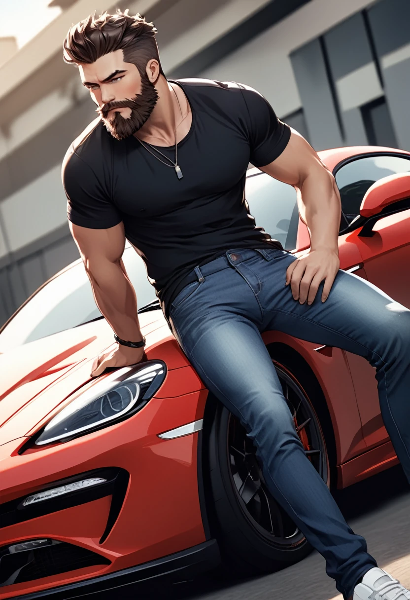detailed illustration, dynamic angle, ultra-detailed, illustration, 1man, youthful, smirk, black shirt, jeans, sitting on a sports car, sexy, seductive, beard