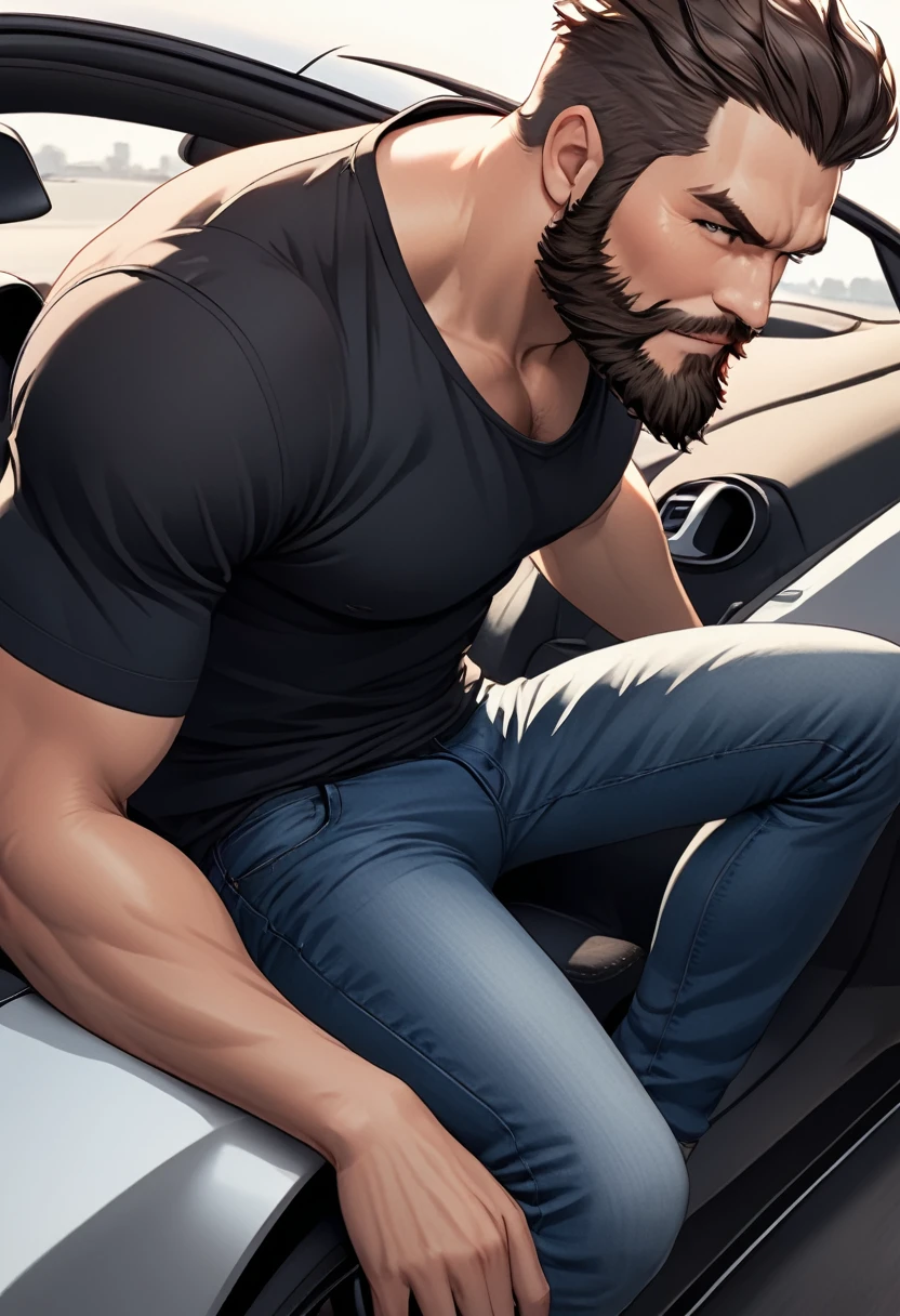 detailed illustration, dynamic angle, ultra-detailed, illustration, 1man, youthful, smirk, black shirt, jeans, sitting on a sports car, sexy, seductive, beard