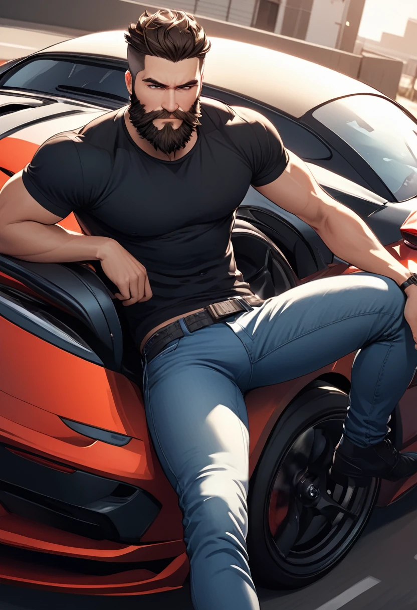 detailed illustration, dynamic angle, ultra-detailed, illustration, 1man, youthful, smirk, black shirt, jeans, sitting on a sports car, sexy, seductive, beard
