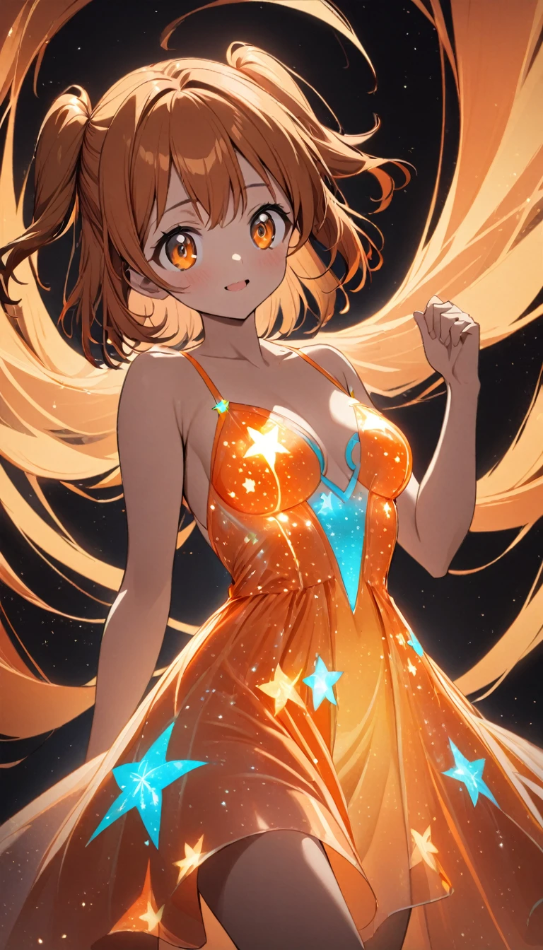 1girl,two side up,orange brown long hair,orange color eyes,tareme,medium breasts,star bioluminescent dress,dark background