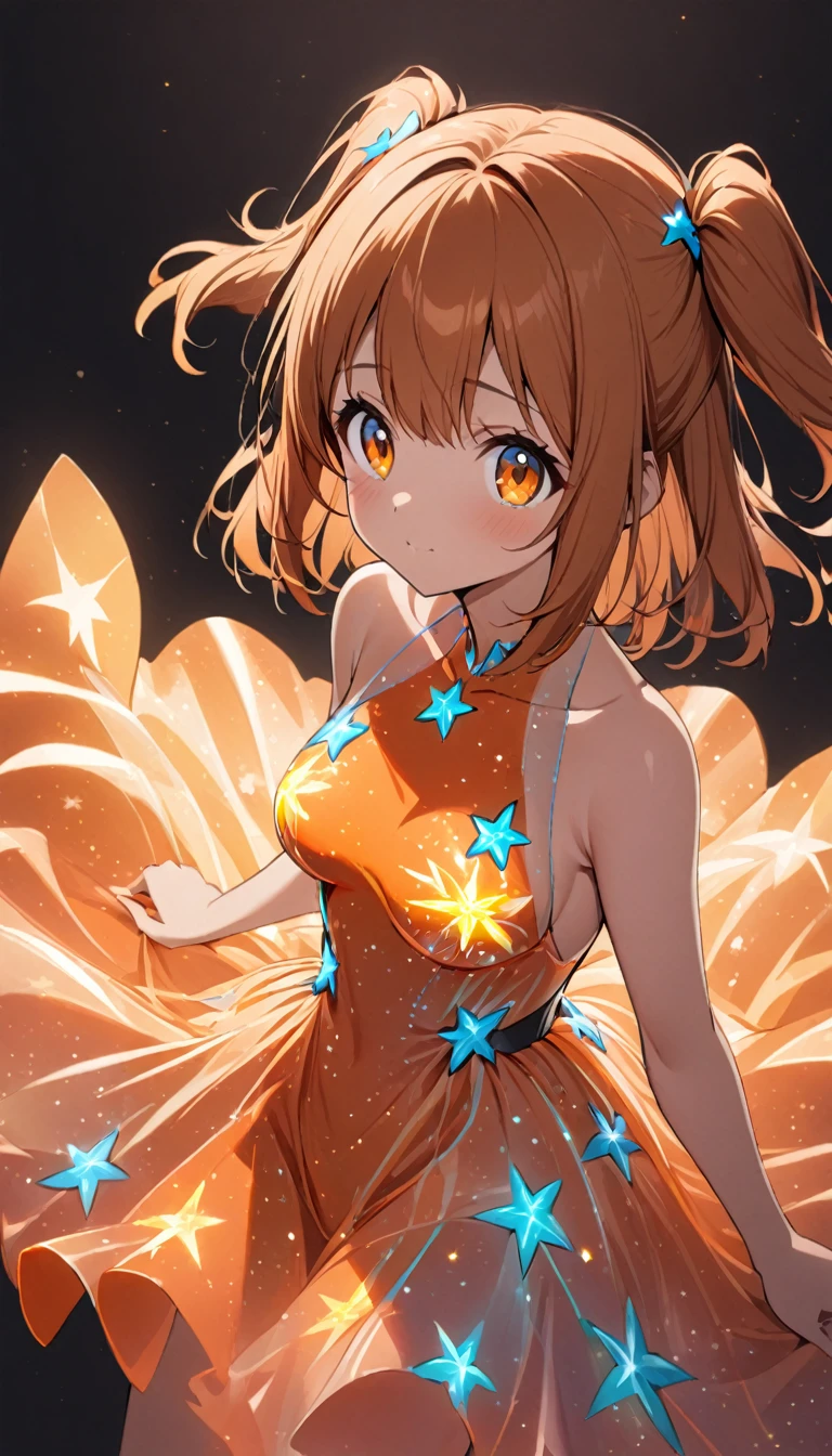 1girl,two side up,orange brown long hair,orange color eyes,tareme,medium breasts,star bioluminescent dress,dark background