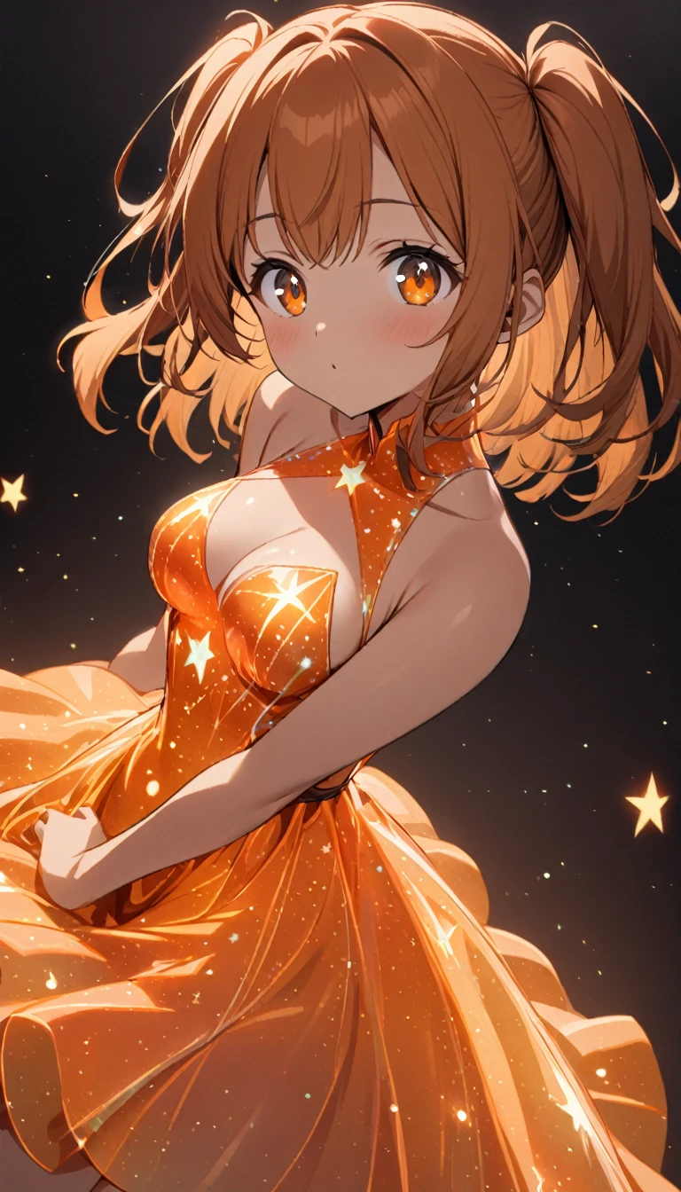 1girl,two side up,orange brown long hair,orange color eyes,tareme,medium breasts,star bioluminescent dress,dark background