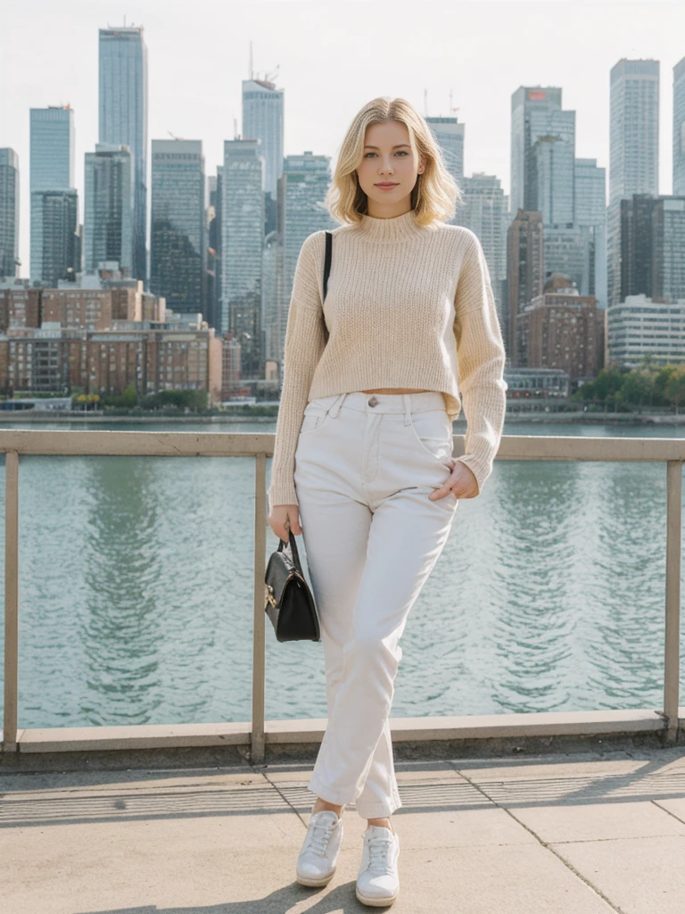 her name is Elle, high quality, 1girl, ((20-year-old fit Caucasian woman)), ((20 years old)), ((fit)), ((pale skin)), short bob blonde hair , wearing Lace-Up Front Sweater + High-Waisted Colorblock Pants, pose: standing, background: Highlight the dynamic cityscape of Toronto from the CN Tower, with its sprawling urban expanse, waterfront parks, and the shimmering waters of Lake Ontario.