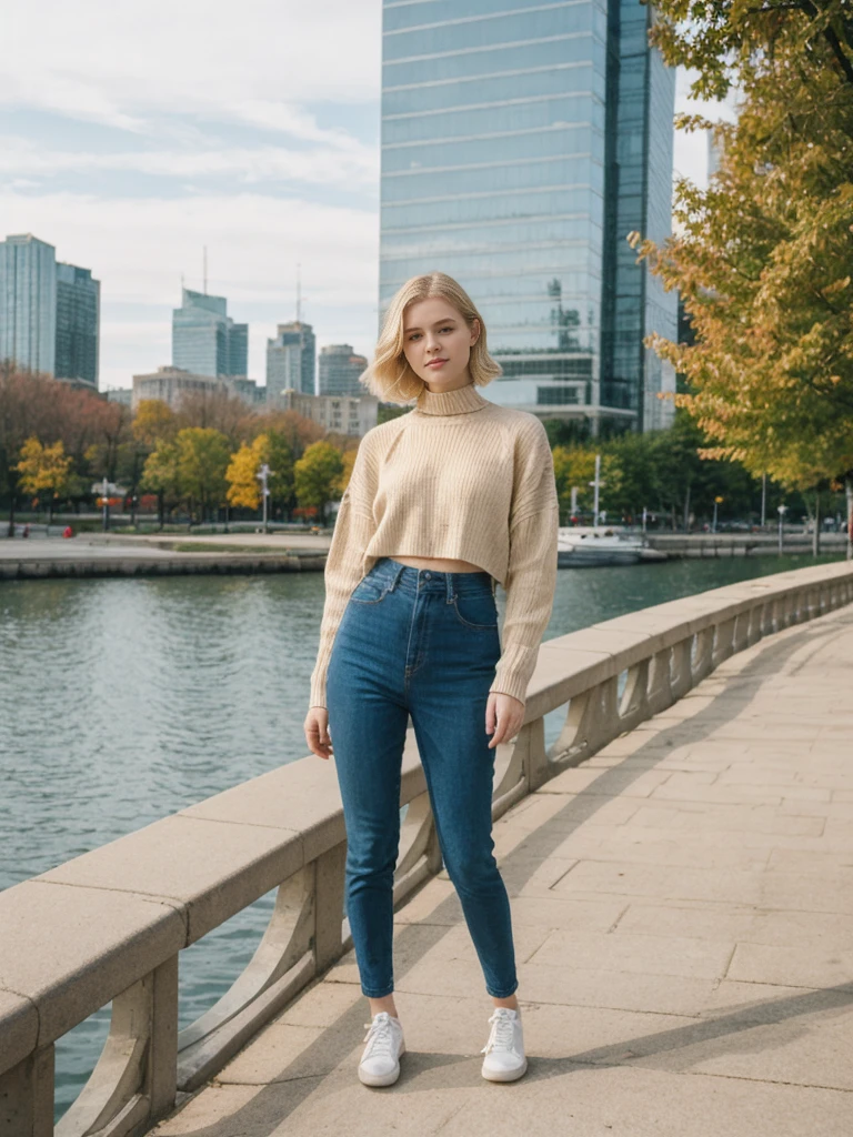her name is Elle, high quality, 1girl, ((20-year-old fit Caucasian woman)), ((20 years old)), ((fit)), ((pale skin)), short bob blonde hair , wearing Lace-Up Front Sweater + High-Waisted Colorblock Pants, pose: standing, background: Highlight the dynamic cityscape of Toronto from the CN Tower, with its sprawling urban expanse, waterfront parks, and the shimmering waters of Lake Ontario.