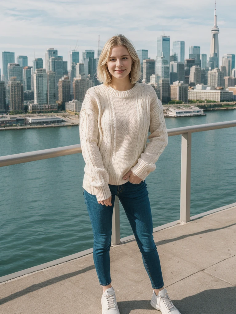 her name is Elle, high quality, 1girl, ((20-year-old fit Caucasian woman)), ((20 years old)), ((fit)), ((pale skin)), short bob blonde hair , wearing Lace-Up Front Sweater + High-Waisted Colorblock Pants, pose: standing, background: Highlight the dynamic cityscape of Toronto from the CN Tower, with its sprawling urban expanse, waterfront parks, and the shimmering waters of Lake Ontario.