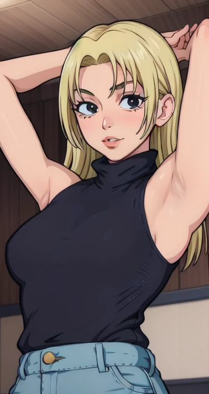 Yuki Tsukumo, 1girl, Adult Woman, 50 years , blonde, long hair, female focus, solo, sleeveless turtleneck, facing viewer, arms up, armpits visible, detailed armpits