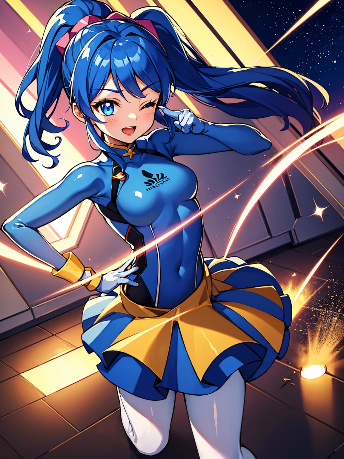 aikatsu,（Overhead view),dynamic angle,ultra-detailed, illustration, close-up, straight on, 1girl, ((blue souryuu asuka langley, interface headset, blue bodysuit:1.4, blue)),Her eyes shone like dreamy stars,(glowing eyes:1.233),(beautiful and detailed eyes:1.1),(expressionless),(standing), (masterpiece, best quality, ultra high res, perfect anatomy, extremely detailed), BREAK, 1girl, , red eyes, side_Ponytail, blue hair, very large ribbon in hair, idol costume, BREAK, (finger pointing), (full face), one eye closed, (open mouth), glow eyes, smile, stage light, (mechanic room with toolsand spaceship windowin a white SPACESHIP), (night:1.2),dreamy, [[delicate fingers and hands:0.55]::0.85],(detail fingers),