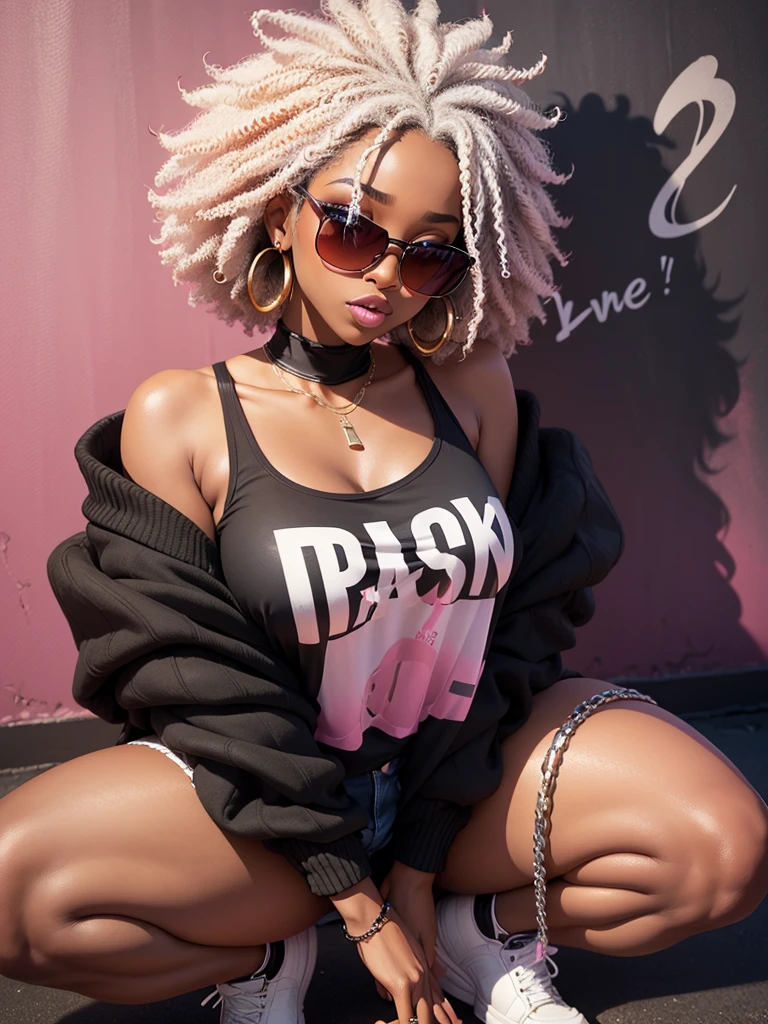 Cute 3D character, a brown skin woman with Mad face in a white cropped t - shirt and a pink purse, y 2 k style, y2k style, thick body, thick hips,wearing a sexy cropped tops, diamond grillz on teeth, pink hair band, black nike short skirt, long straight hair, doja cat, wearing a cropped top, belly button showing, rapper, graphic tees, her belly button is exposed, croptop, y 2 k aesthetic, y2k aesthetic, y 2 k fashion, young lady, album cover