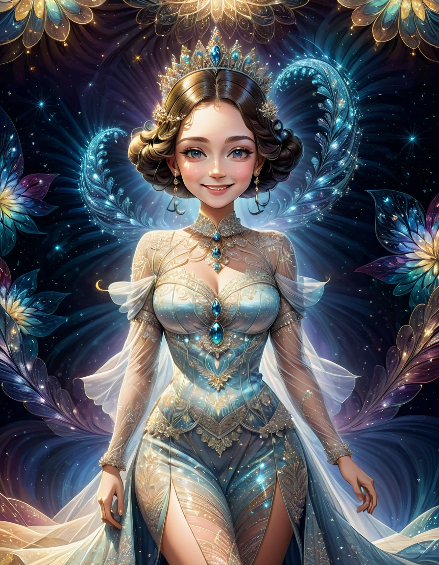 Illustration of the Queen, Dainty and elegant appearance, Dresses with intricate patterns, Glitter Dressesm, glowing details, Fractal art in the background, smile, intricate detail rendering, 3D rendering, Octane render, breathtakingly beautiful CG