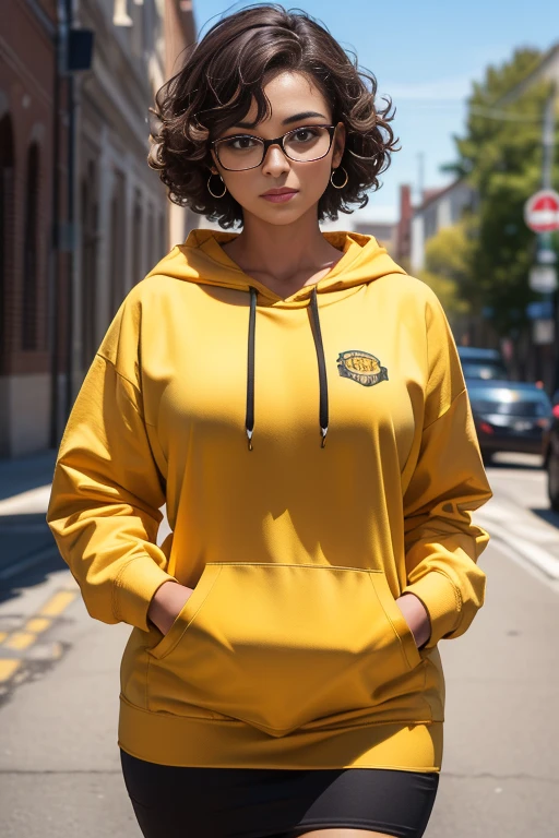 (best quality,4k,8k,highres,masterpiece:1.2),ultra-detailed,(realistic,photorealistic,photo-realistic:1.37), female 20 year old college student, (tan-bronze skin), thin layer of freckles, short black hair with orange highlights, curly hair, amber colored eyes, (Wearing a yellow hoodie, black pencil skirt, glasses)
