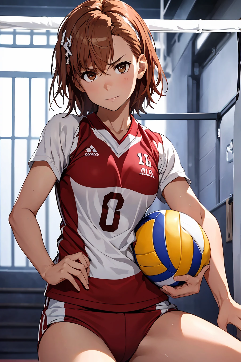 (Highest quality:1.5, High resolution, uhd, 4K, Detailed lighting, Shaders), ((Misaka Mikoto)) ,solo short hair Brown Hair Brown eyes Cool face ((Volleyball Uniforms))++ Realistic gym Sweat Super oily skin Preparing for exercise No ball No sleeve Cowboy Shot