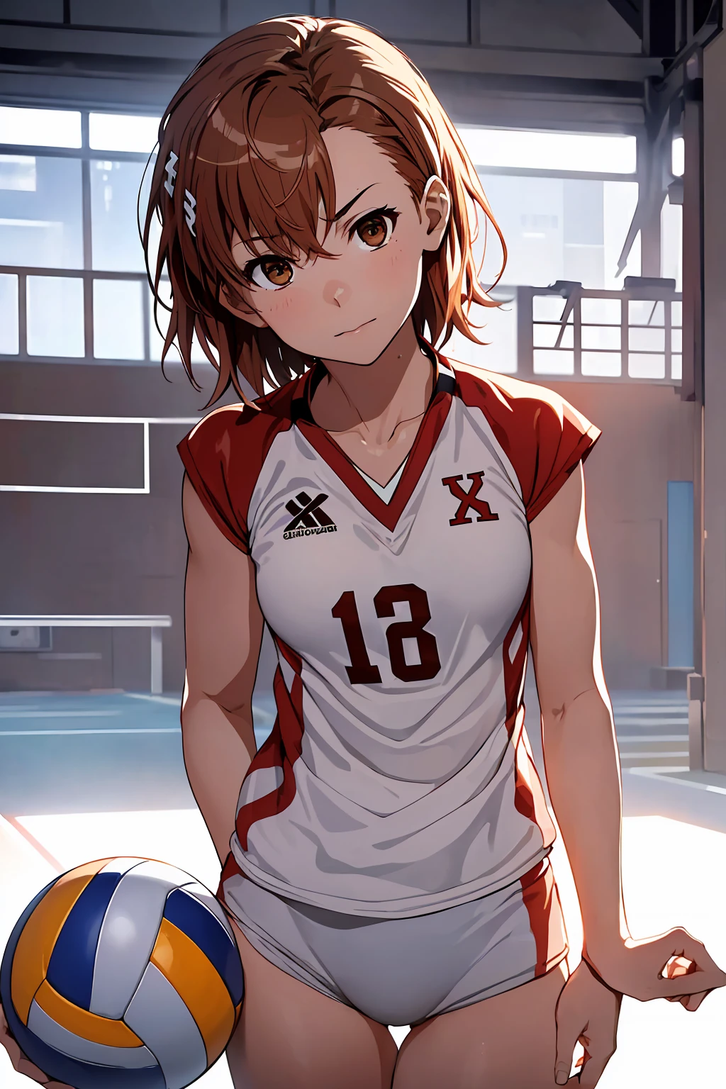 (Highest quality:1.5, High resolution, uhd, 4K, Detailed lighting, Shaders), ((Misaka Mikoto)) ,solo short hair　Brown Hair　Brown eyes　Cool face　　((Volleyball Uniforms))++　Realistic gym　 Sweat　Super oily skin　　Preparing for exercise　No ball　No sleeve　Cowboy Shot