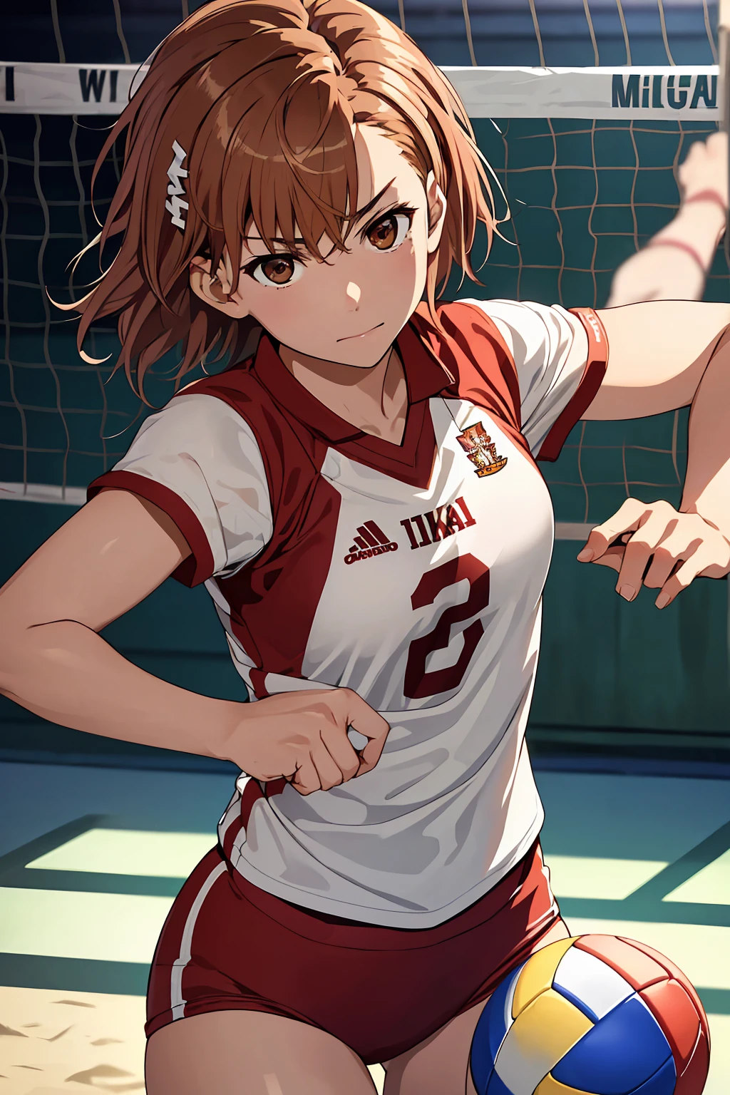 (Highest quality:1.5, High resolution, uhd, 4K, Detailed lighting, Shaders), ((Misaka Mikoto)) ,solo short hair　Brown Hair　Brown eyes　Cool face　　((Volleyball Uniforms))++　Realistic gym　 Sweat　Super oily skin　　Preparing for exercise　No ball　No sleeve　Cowboy Shot