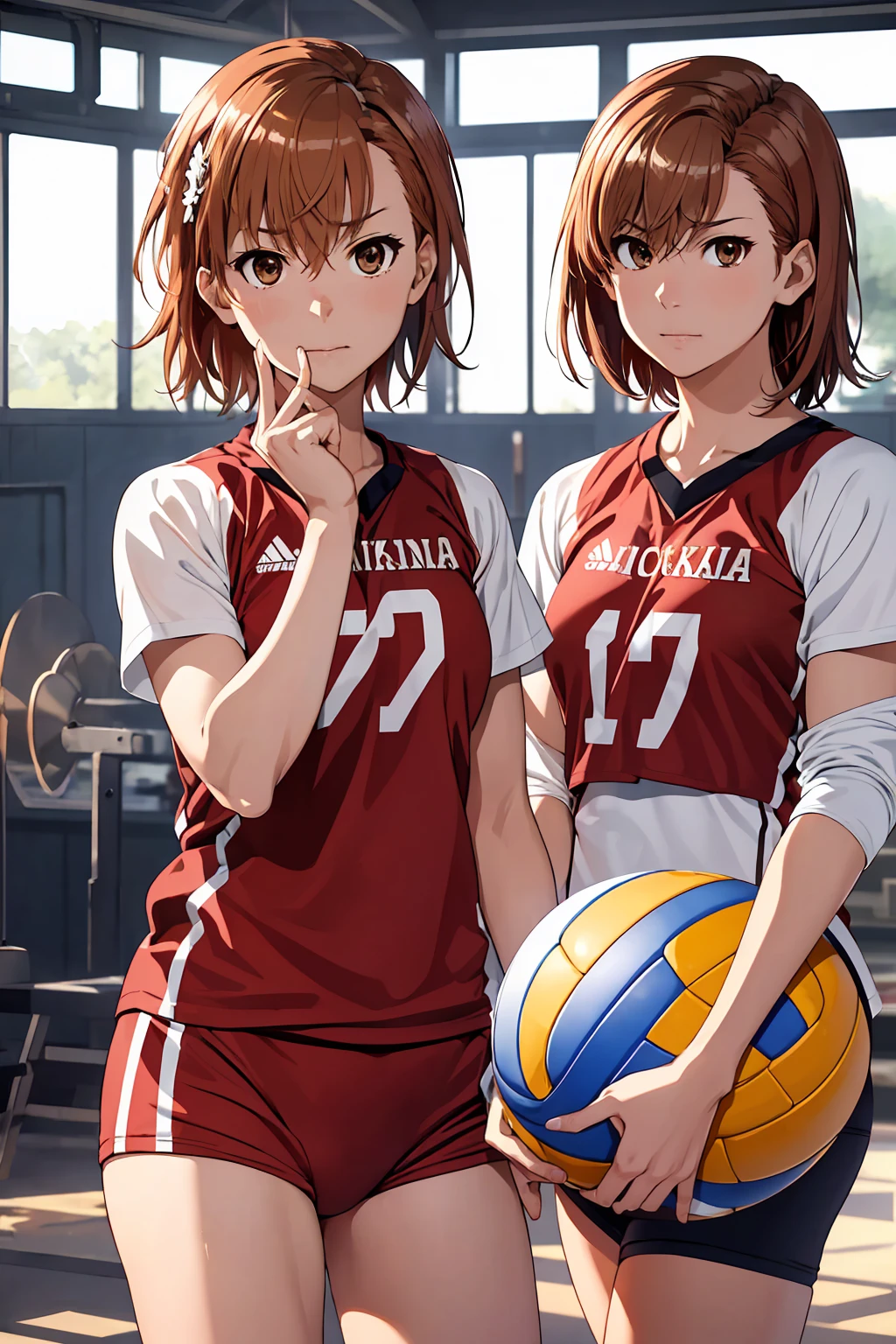 (Highest quality:1.5, High resolution, uhd, 4K, Detailed lighting, Shaders), ((Misaka Mikoto)) ,solo short hair　Brown Hair　Brown eyes　Cool face　　((Volleyball Uniforms))++　Realistic gym　 Sweat　Super oily skin　　Preparing for exercise　No ball　No sleeve　Cowboy Shot