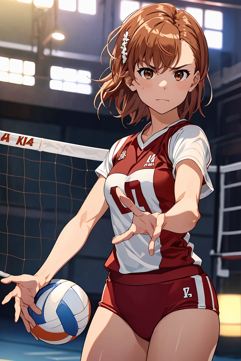 (Highest quality:1.5, High resolution, uhd, 4K, Detailed lighting, Shaders), ((Misaka Mikoto)) ,solo short hair Brown Hair Brown eyes Cool face ((Volleyball Uniforms))++ Realistic gym Sweat Super oily skin Preparing for exercise No ball No sleeve Cowboy Shot