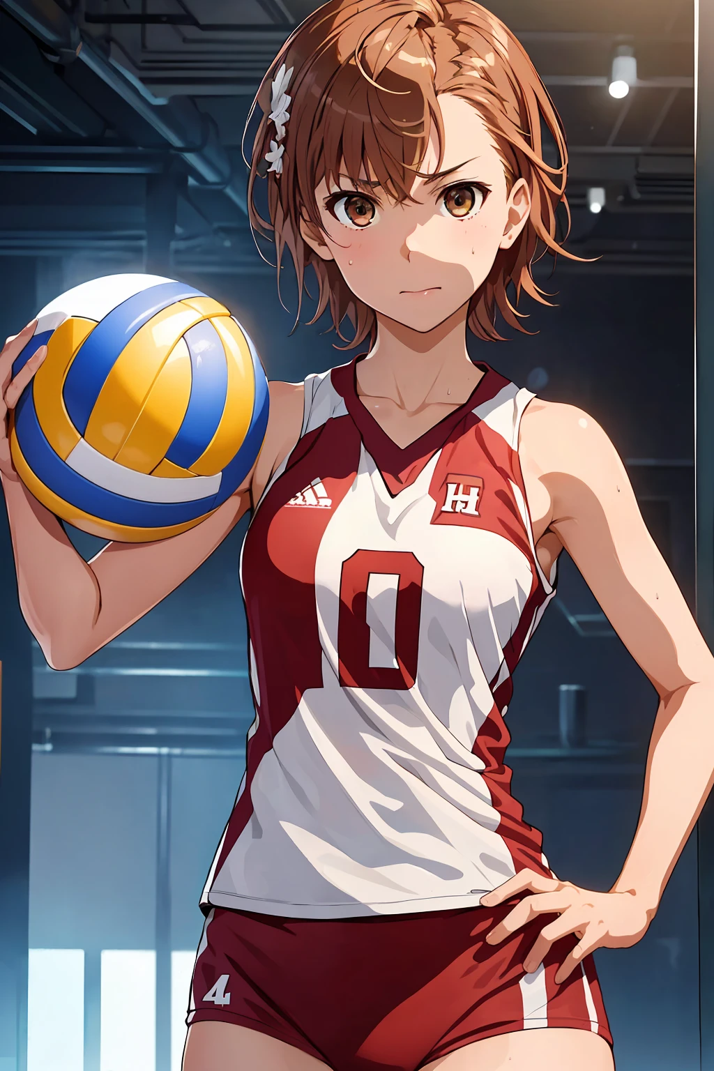 (Highest quality:1.5, High resolution, uhd, 4K, Detailed lighting, Shaders), ((Misaka Mikoto)) ,solo short hair　Brown Hair　Brown eyes　Cool face　　((Volleyball Uniforms))++　Realistic gym　 Sweat　Super oily skin　　Preparing for exercise　No ball　No sleeve　Cowboy Shot
