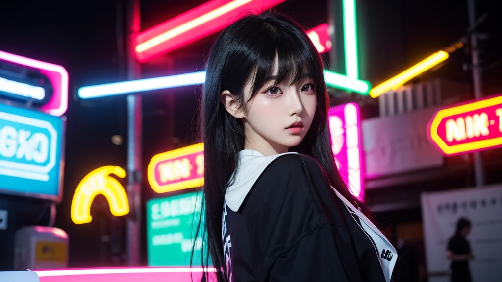 create a 1600x400 kpop style banner of a korean girl with black hair and colorful bangs with neon lights