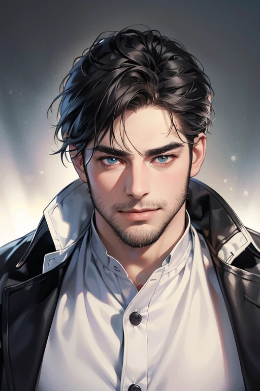 (best quality,4k,8k,highres,masterpiece:1.2),ultra-detailed,(realistic,photorealistic,photo-realistic:1.37),30 year old man,3 day beard,handsome anime,portraits,strong,masculine,dark hair,sharp jawline,mesmerizing eyes,perfectly styled hair,cool anime outfit,confident expression,vibrant colors,dynamic lighting, CEO and expression smile in love.
