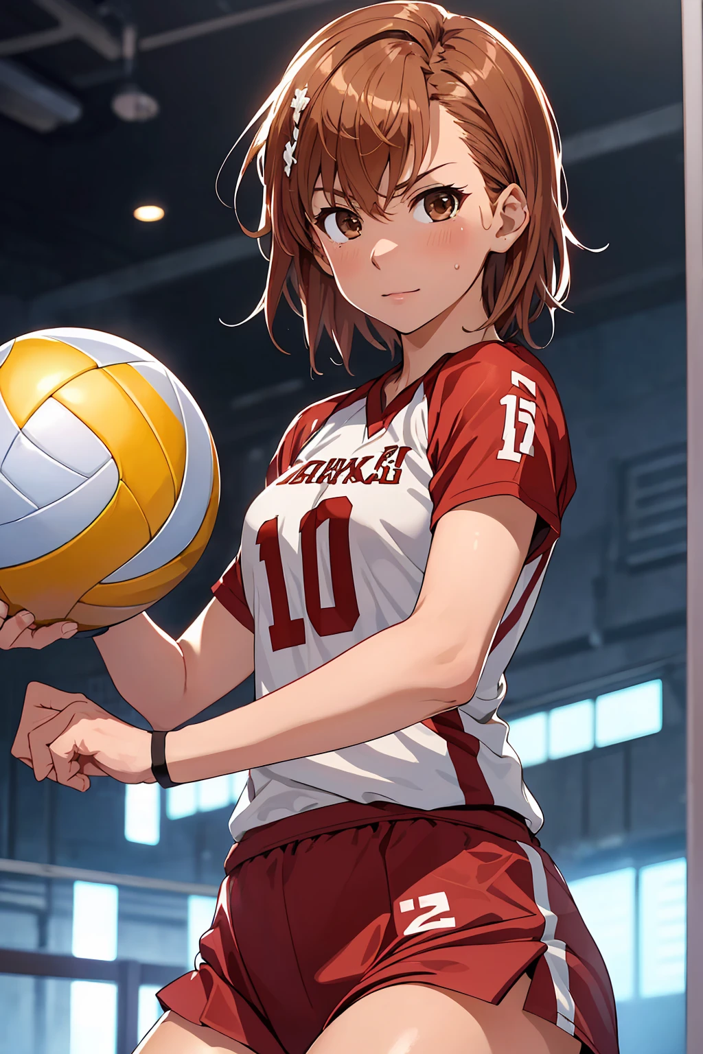 (Highest quality:1.5, High resolution, uhd, 4K, Detailed lighting, Shaders), ((Misaka Mikoto)) ,solo short hair Brown Hair Brown eyes Cool face ((Volleyball Uniforms))++ Realistic gym Sweat Super oily skin Preparing for exercise No ball No sleeve Cowboy Shot
