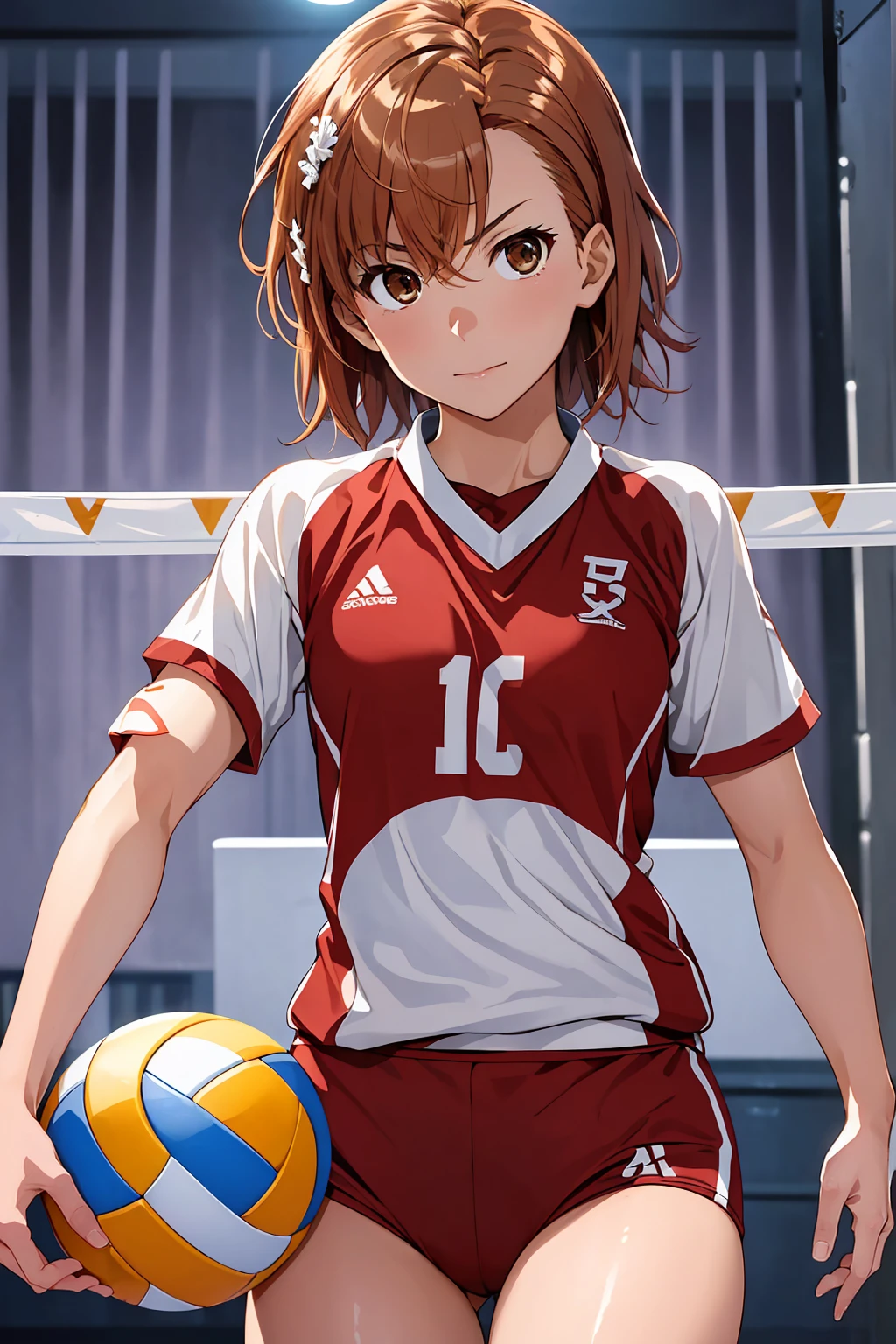 (Highest quality:1.5, High resolution, uhd, 4K, Detailed lighting, Shaders), ((Misaka Mikoto)) ,solo short hair　Brown Hair　Brown eyes　Cool face　　((Volleyball Uniforms))++　Realistic gym　 Sweat　Super oily skin　　Preparing for exercise　No ball　No sleeve　Cowboy Shot