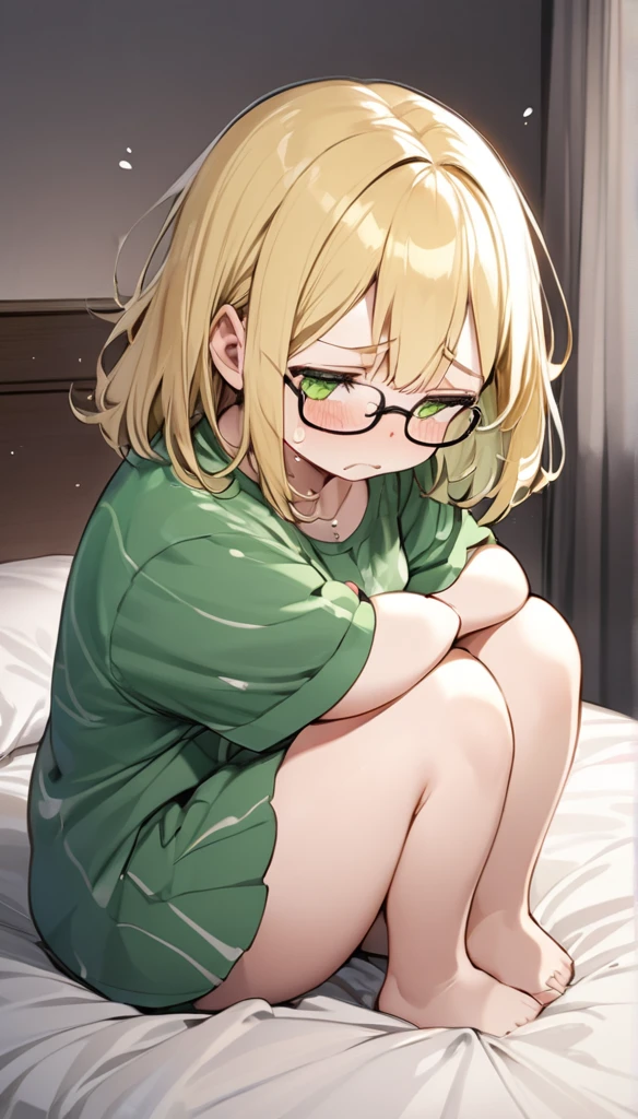 chubby girl, blonde, green eyes, medium length hair, open forehead, without bangs, glasses with black square frames
Tears, lots of tears, sad, sitting on the bed 