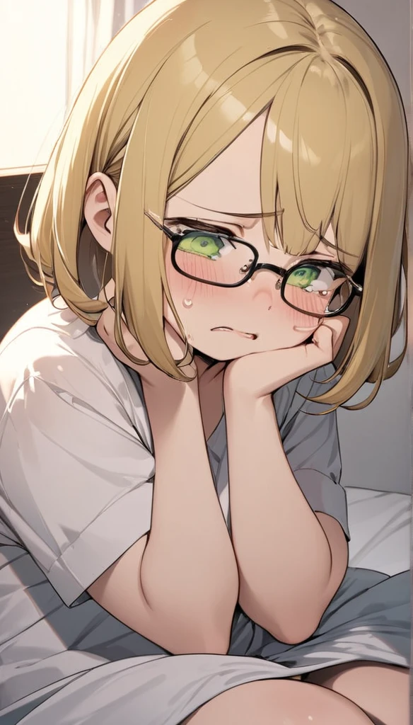 chubby girl, blonde, green eyes, medium length hair, open forehead, without bangs, glasses with black square frames
Tears, lots of tears, sad, sitting on the bed