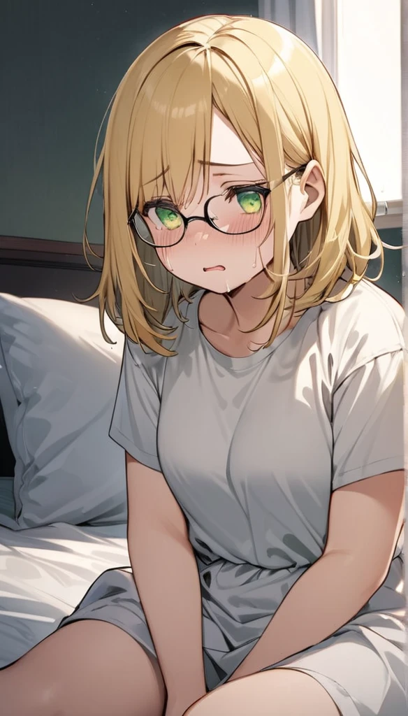 chubby girl, blonde, green eyes, medium length hair, open forehead, without bangs, glasses with black square frames
Tears, lots of tears, sad, sitting on the bed 