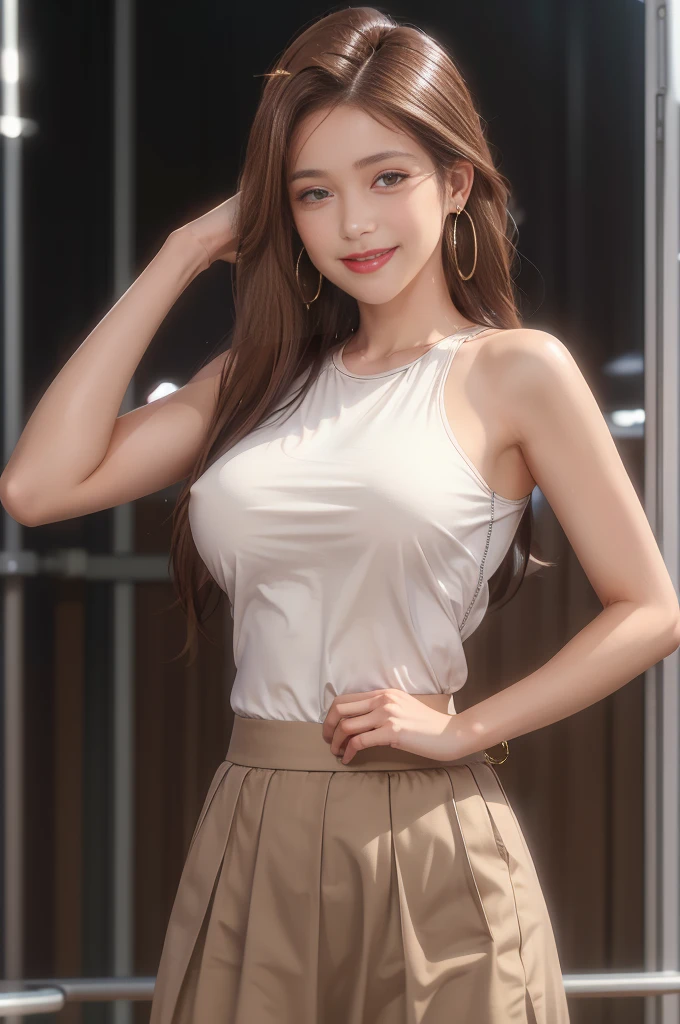 Highest quality, expensive_solve, clear_image, Detailed Background ,girl, RisaHamazak1, Brown Hair, Long Hair, Brown eyes, Hoop Earrings, amount, Large Breasts, Tank top, Sleeveless shirt, Brown Skirt, smile, View your audience, 1人のgirl, alone, 