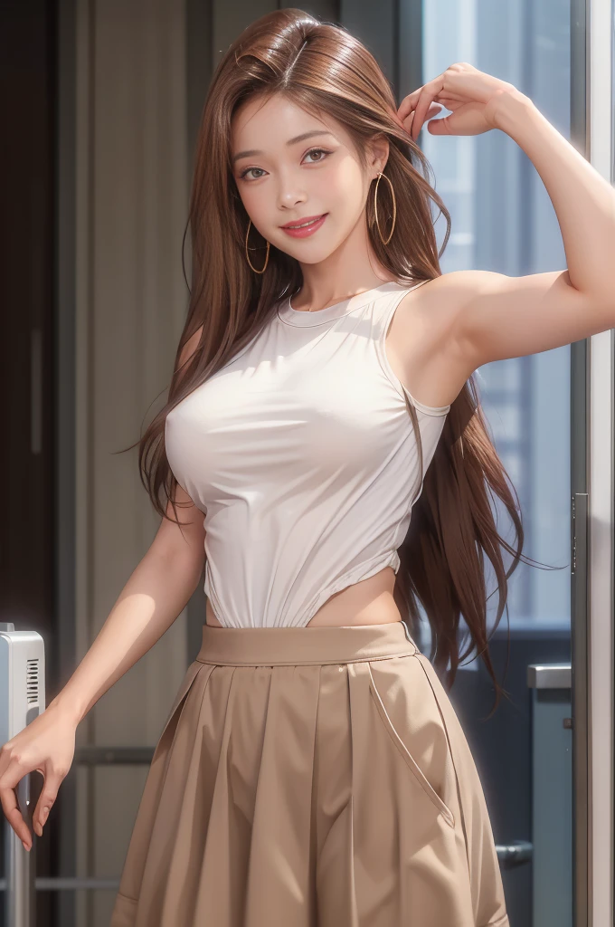 Highest quality, expensive_solve, clear_image, Detailed Background ,girl, RisaHamazak1, Brown Hair, Long Hair, Brown eyes, Hoop Earrings, amount, Large Breasts, Tank top, Sleeveless shirt, Brown Skirt, smile, View your audience, 1人のgirl, alone, 