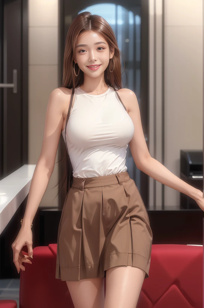 Highest quality, expensive_solve, clear_image, Detailed Background ,girl, RisaHamazak1, Brown Hair, Long Hair, Brown eyes, Hoop Earrings, amount, Large Breasts, Tank top, Sleeveless shirt, Brown Skirt, smile, View your audience, 1人のgirl, alone, 