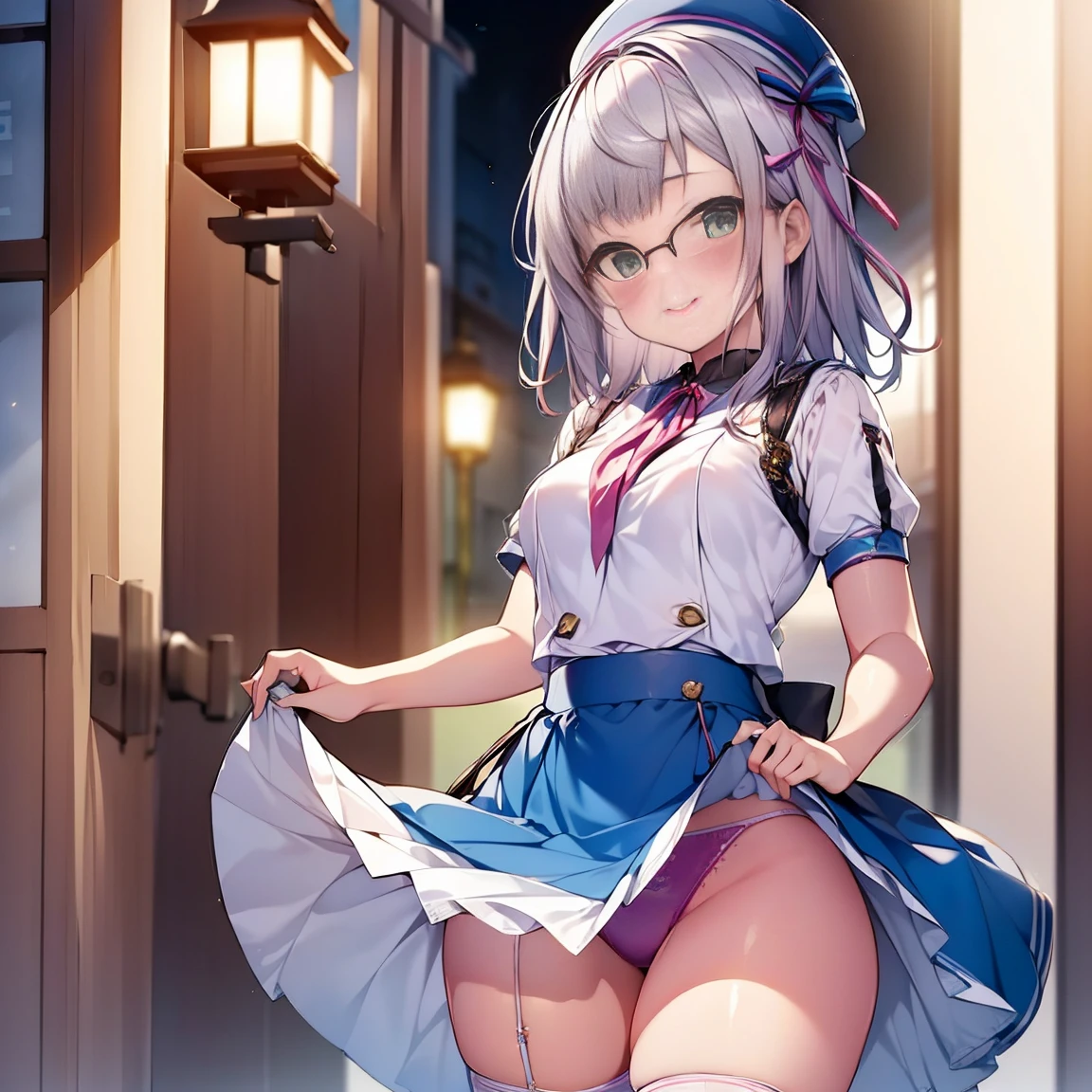 8K、masterpiece、Japanese、Woman wearing glasses、Neon(nod)、from the front、smile、Childish、Small breasts、See-through underwear、night、Bedroom、Show your underwear、mini skirt