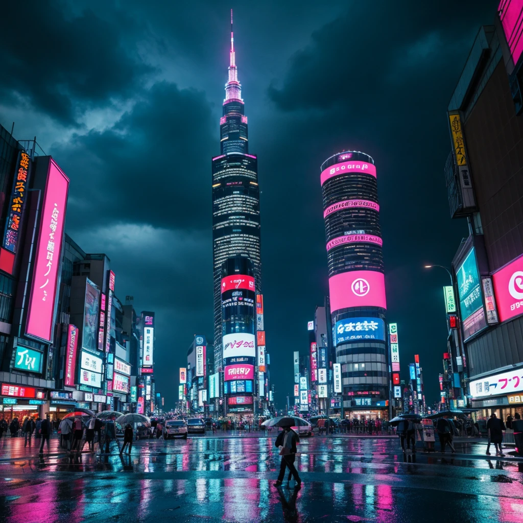 sci fi tokyo, Skyscraper rainy streets, at night, pink lights