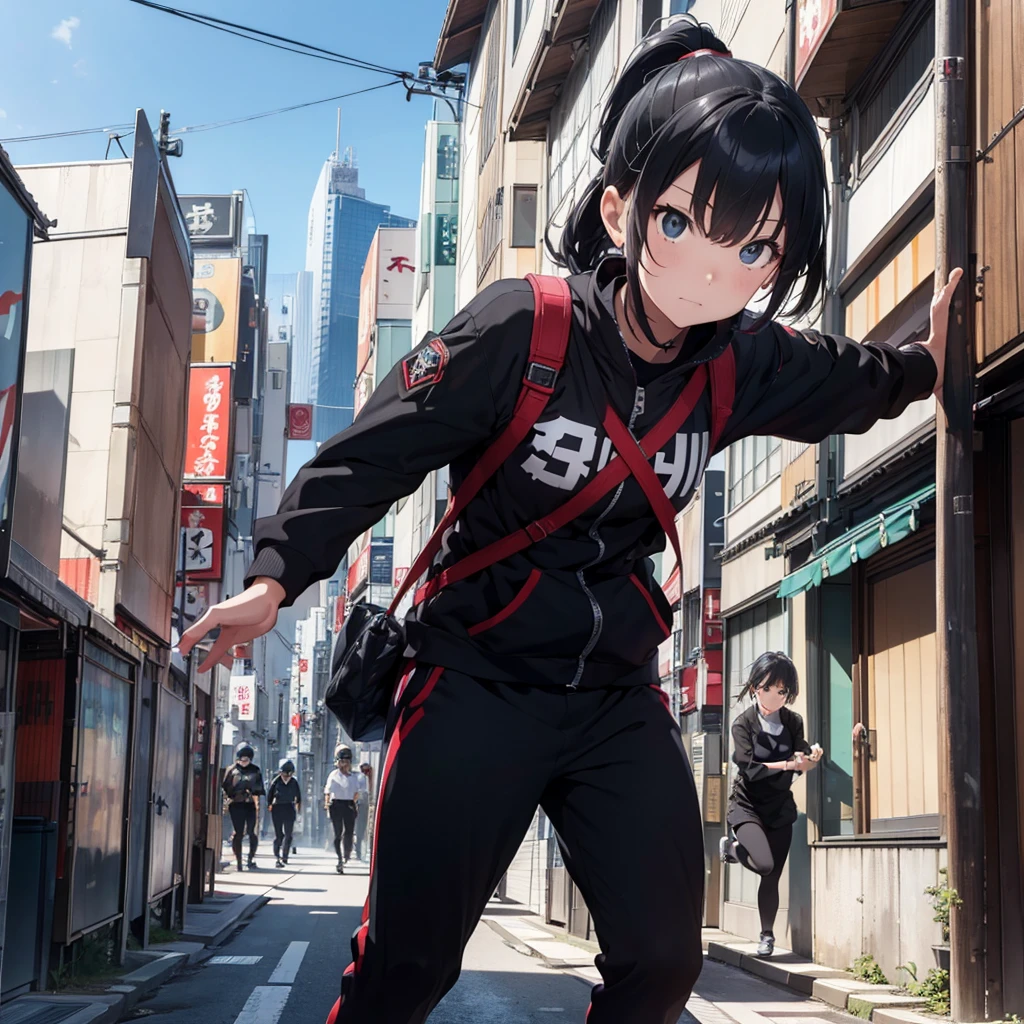 a professional ninja doing parkour in Tokyo facing agents from a criminal organization trying to capture her