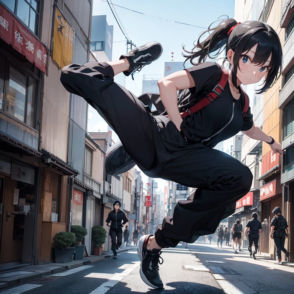 a professional ninja doing parkour in Tokyo facing agents from a criminal organization trying to capture her