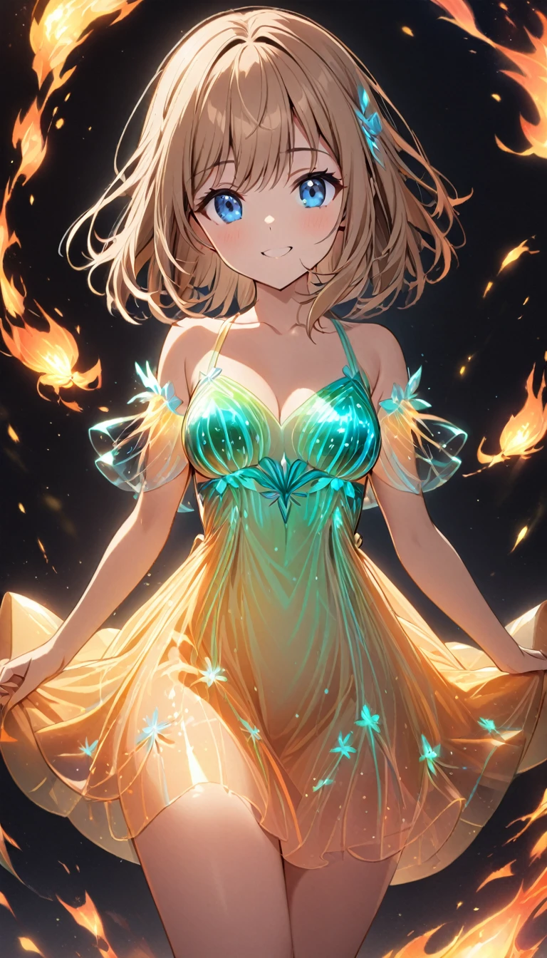 1girl,light brown color medium length hair,blue eyes,kind smile,medium breasts,fire_fly bioluminescent dress,dark background,cowboy shot,