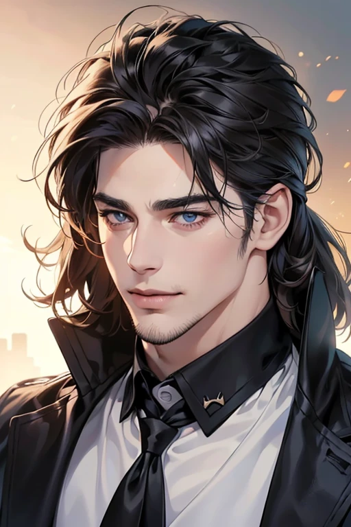 (best quality,4k,8k,highres,masterpiece:1.2),ultra-detailed,(realistic,photorealistic,photo-realistic:1.37),30 year old man,3 day beard,handsome anime,portraits,strong,masculine,dark hair,sharp jawline,mesmerizing eyes,perfectly styled hair,cool anime outfit,confident expression,vibrant colors,dynamic lighting, CEO and expression smile in love.
