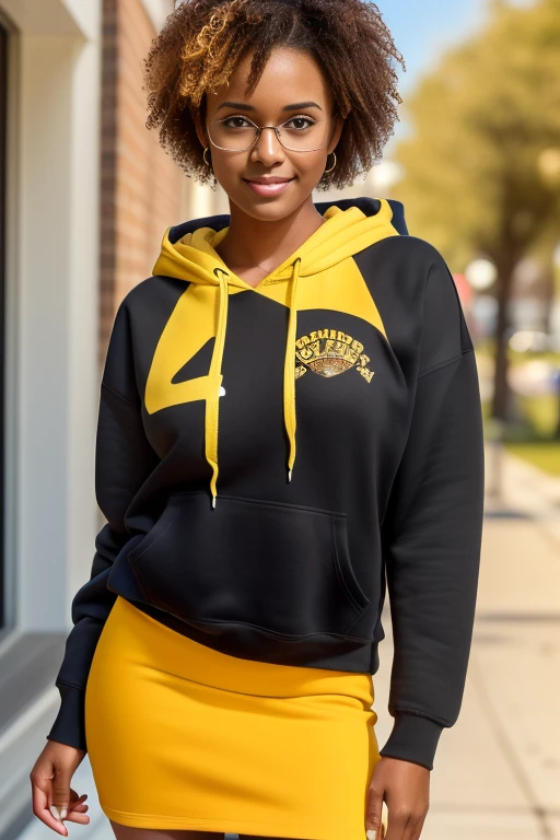 (best quality,4k,8k,highres,masterpiece:1.2),ultra-detailed,(realistic,photorealistic,photo-realistic:1.37), female 20 year old college student, tan-bronze skin with thin layer of freckles, short black hair with orange highlights, curly hair, amber colored eyes, (Wearing a yellow hoodie, black pencil skirt, glasses)