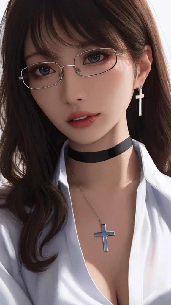 (masterpiece),(best quality),(ultra highres),(8k resolution),(realistic),(ultra detailed),(sharp focus),(RAW photo),
1girl,good hand,(long hair),(wavy hair),(hair over one eye),glasses,(choker),(cross necklace),(earrings),(sapphire eyes),(nearly torn white shirt:1.6),(ahegao),(blush:0.5),