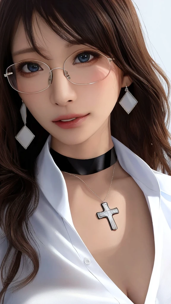 (masterpiece),(best quality),(ultra highres),(8k resolution),(realistic),(ultra detailed),(sharp focus),(RAW photo),
1girl,good hand,(long hair),(wavy hair),(hair over one eye),glasses,(choker),(cross necklace),(earrings),(sapphire eyes),(nearly torn white shirt:1.6),(ahegao),(blush:0.5),